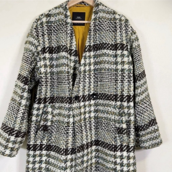 ❌ S O L D ❌ ZARA Black Cream Plaid Houndstooth Tweed Lapeless Long Coat Medium - Picture 7 of 15